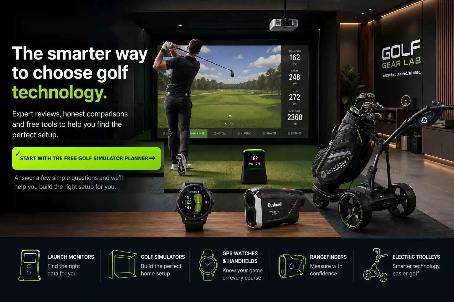Golf technology including a simulator, launch monitor, GPS watch, rangefinder and electric trolley