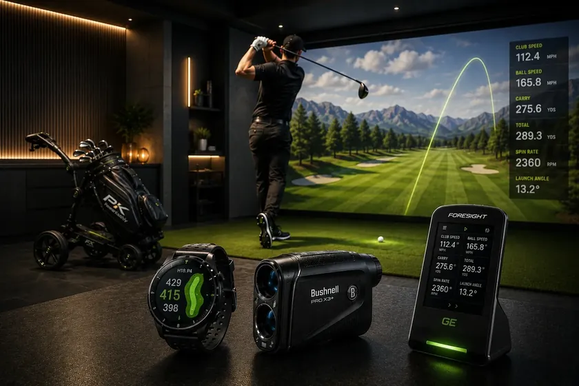A golf GPS watch, rangefinder and launch monitor display — practical golf technology gift options